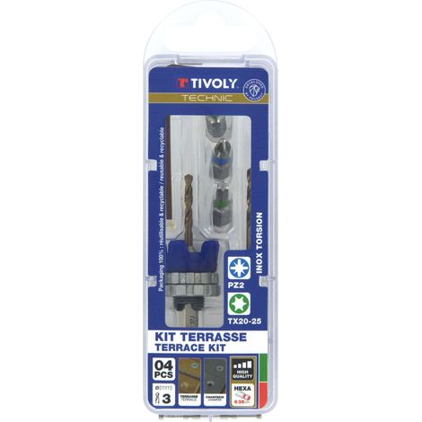 Tivoly • Kit Terrasse • Foret Ø3mm avec Fraisoir • Mèche & Fraise 2 en 1 Bois-Métal • 3 Embouts de Vissage INOX • Foret de Rechange Fourni • Butée de Profondeur Réglagle