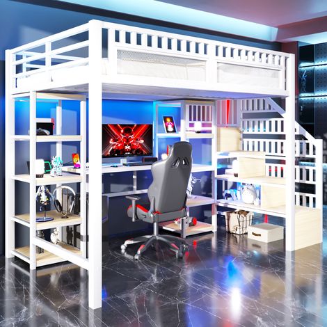 Lit mezzanine adulte 140x200 bureau metal blanc LED OKMYHOME (1/5)