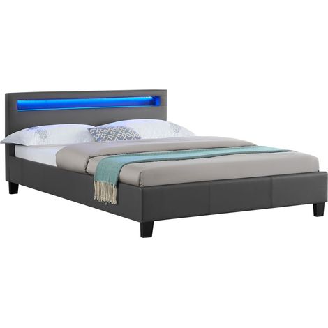 Idimex – Lit double gris 140x190 cm avec éclairage LED – Tête de lit rembourrée – Structure robuste avec sommier à lattes – Design moderne (1/4)
