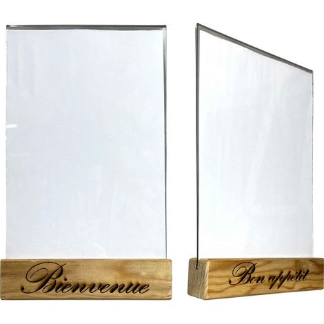 Porte menu bois Bienvenue - Bon appétit dimensions 15x3,6x3,6 cm avec plexi A5 - Lot de 2 (1/5)