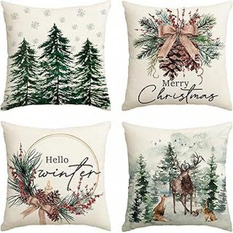 Housses de coussin de Noël, 45 x 45 cm, lot de 4, coussins de Noël en lin avec motif de rennes, adaptés aux canapés d'intérieur (1/5)