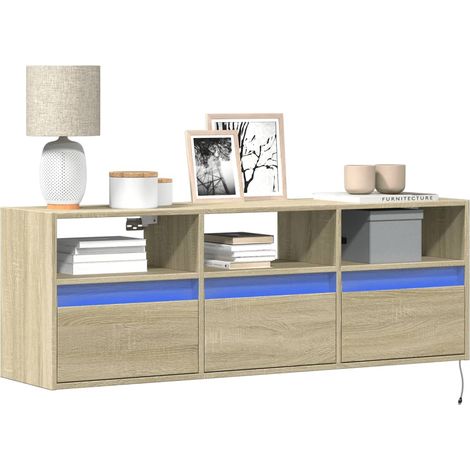 vidaXL Meuble TV mural avec lumières LED chêne sonoma 130x31x45 cm (1/5)