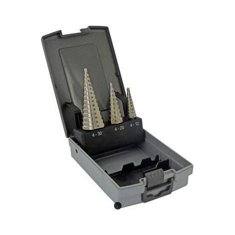 Tivoly • Scatola da 3 punte coniche a gradini HSS autocentranti • Scanalature diritte • Da Ø4mm a Ø12mm / da Ø4mm a Ø20mm / da Ø4mm a Ø30mm • Lunga durata • 3 codoli piatti • Per la lavorazione di acc