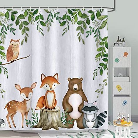 Rideau de Douche Animaux de la Forêt - Feuilles Vertes pour Enfants, Tissu Polyester Anti Moisissure Imperméable Lavable, Salle de Bain 180 x 180 cm avec 12 Crochets (1/4)