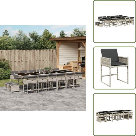 17-tlg. Garten-Essgruppe mit Kissen Hellgrau Poly Rattan - Gartenmöbel Set - Essgruppenset - Gartentisch - Gartenstühle - Gartenhocker (1/5)