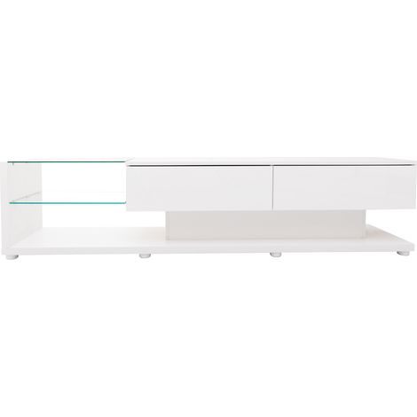 Mueble TV bajo blanco brillo con estantes de cristal y LED 170 x 36 x 38 cm MODENUIT (1/5)
