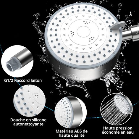 Pommeau de Douche, Pommeau Douche Economiseur D'eau avec Tuyau 2M Douchette Douche Aalle de Bain Economie d'Eau Haute Pression en Acier Inoxydable 304 Installation et Nettoyage Faciles (1/5)