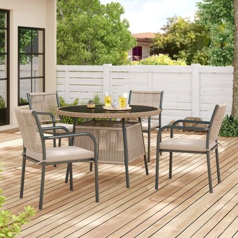 Ensemble de salon de jardin moderne en rotin,Salon de jardin 4 places，table ronde en verre + 4 fauteuils, structure en fer，Convient pour patio/balcon/terrasse