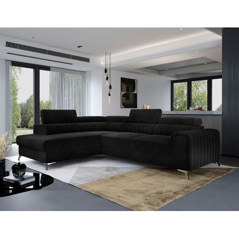 Ecksofa mit Schlaffunktion Sofa ELENI Stoff Matt Velvet Schwarz Ottomane Links (1/4)