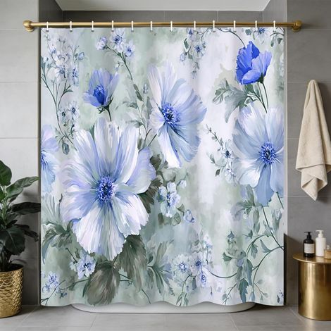 180x180cm Fleur Bleue Rideau de Douche Vintage Campagne Aquarelle Florale Ferme Salle de Bain Rideau décoratif Polyester résistant à l'eau Lave Baignoire Fournitures, avec Crochets (1/5)
