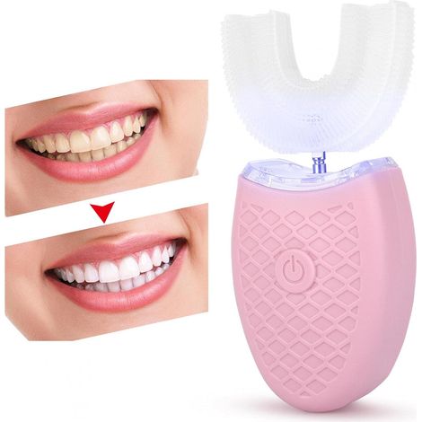 Brosse à dents électrique à tête de brosse à dents en forme de U, dispositif de blanchiment des dents à lumière froide à chargement sans fil, brosse à dents sonique automatique(rose) (1/5)