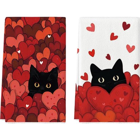 Lot de 2 torchons de cuisine, motif : amour et cœur, noir, motif chat pour la Saint-Valentin, décoration de printemps, 42 x 65 cm (1/5)