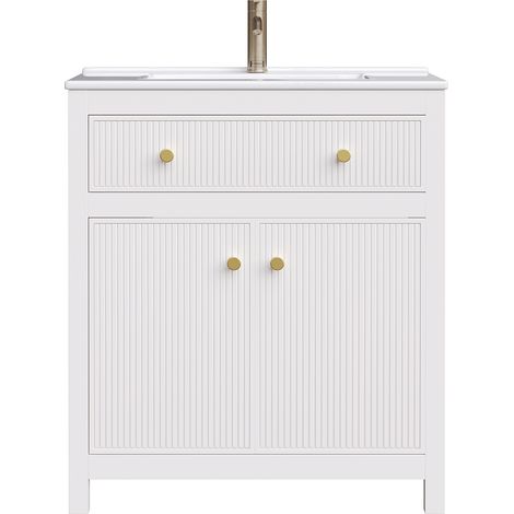 Meuble sous lavabo de salle de bains blanc 81x46,5 cm avec vasque en céramique, 1 tiroir et 1 porte à fermeture douce, design moderne à rainures (1/5)