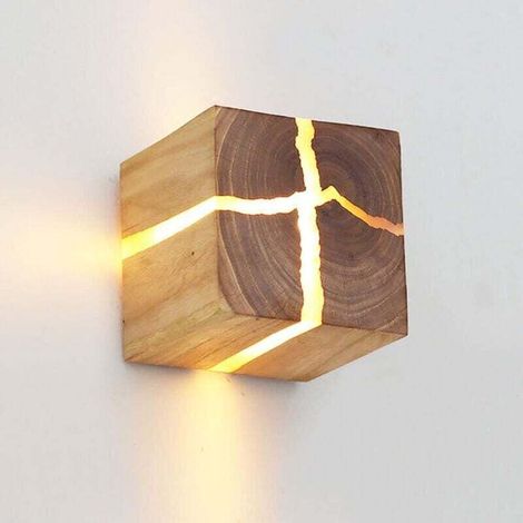 Quadratische Wandleuchte aus Holz, moderne Wandleuchte aus rissigem Holz, verkabelte Wandleuchte für Flur, Korridor, kreative Inneneinrichtung für Landhaus, Flur, Veranda, es-Crezuo