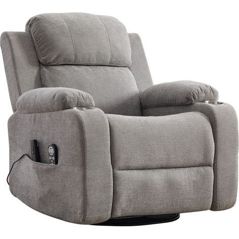 Fauteuil relax électrique pivotant à 360°, avec fonction massage et chauffage, dossier et repose-pieds réglables électriquement, poches de rangement latérales et porte-gobelets, gris (1/5)