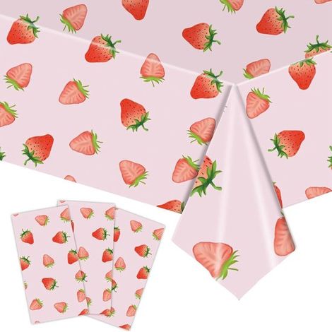 Set di 4 tovaglie con stampa di fragole (137x274 cm) – Rosa, antimacchia e riutilizzabili, ideali per feste per bambini e feste estive. (1/4)