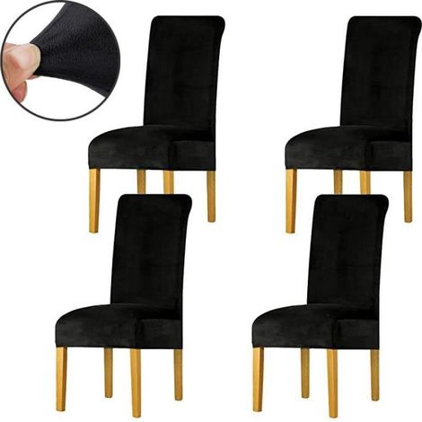 Housse de Chaise en Velours,Spandex de Bout Droit avec la Bande élastique, Dame de Velours dinant la Chaise 4pcs/set - Noir (1/4)