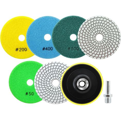 Disque Polissage Diamant - 6 Pièces Tampon Polissage Diamant 100mm Grain 50/100/200/400/800/1500 avec M14 Support Pads+Adaptateur pour Granit Marbre Pierre Artificielle Quartz (1/5)