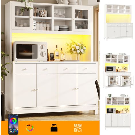 Buffet haut 140 x 38,5 x 180 cm avec éclairage LED RGB contrôlable par application, portes vitrées, 4 tiroirs, étagères réglables, aspect bois naturel, capacité de charge jusqu'à 100 kg (1/5)