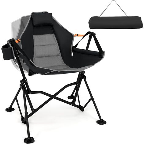 GOPLUS Chaise de Camping Hamac Portable, Chaise à Bascule Balancelle 90-150° avec Siège Rembourré et Appui-Tête, Dossier Réglable, Porte-Gobelet, Pliable pour Camping, 88 x 71 x 90 cm (Noir) (1/5)