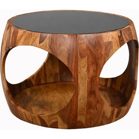 Runder Couchtisch NERA 60 cm aus massivem Sheeshamholz und Rauchglas mit offener Ablage (1/5)