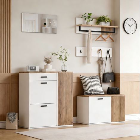 Mueble recibidor 85x36x85 cm, con zapatero abatible, espejo, perchero y estante, tablero de partículas, blanco y roble (1/5)