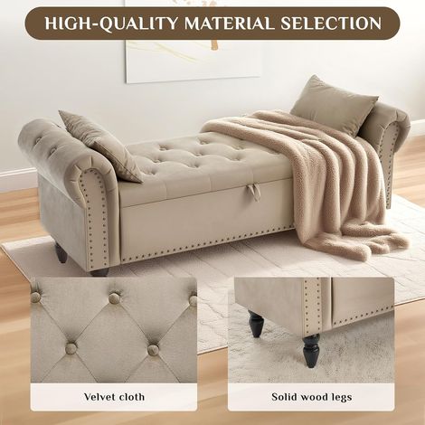 Cassapanca, Velluto Pouf Contenitore 133cm, con asta a gas Booster, estremità letto con coperchio, Ottomano con gambe in legno Marrone (1/5)