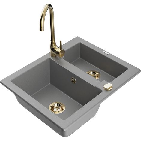 Mexen Carlos lavello in granito con 1,5 vasche con rubinetto da cucina Telma, grigio - 6518-71-670200-50 (1/5)