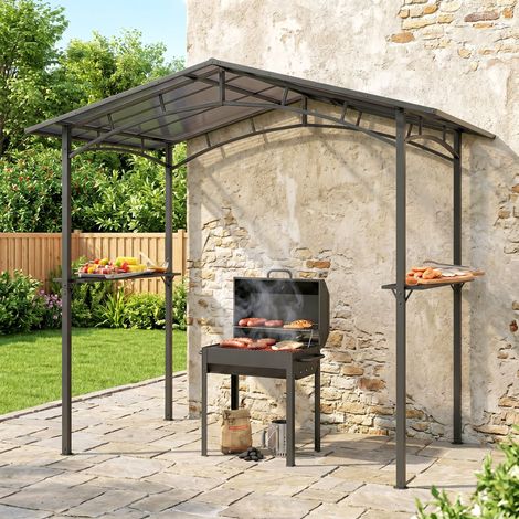 Abri de jardin barbecue 2,5x1,5m - pavillon extérieur avec 2 tablettes - toiture en polycarbonate - structure métallique noire - auvent pour grillades (1/5)