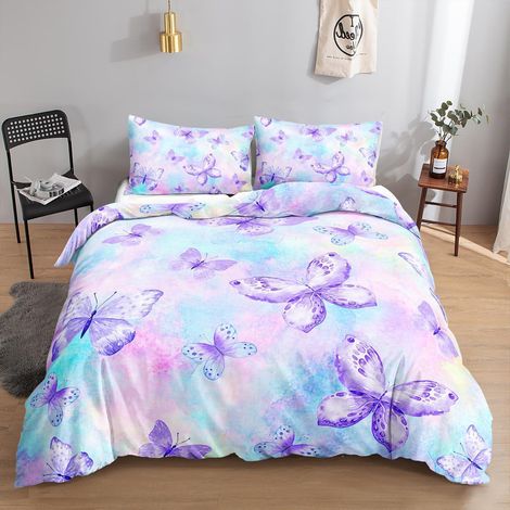 Bettwäsche-Set 155x220 cm mit Schmetterlingen, 2 Kissenbezügen, Reißverschluss, Mikrofaser, Lila