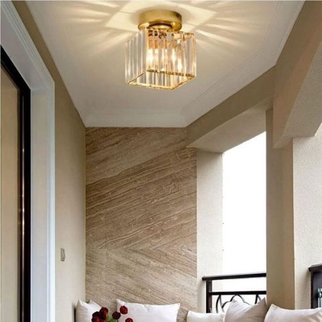 Mini lustre en cristal - - Plafonnier moderne - Semi-encastré - Doré - Carré - 1 pièce - Cristaux longs (1/4)