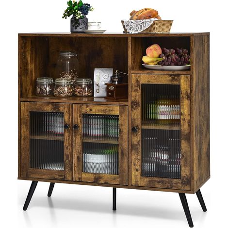 COSTWAY Credenza Moderna con Tanto Spazio, Mobile per Cucina con Ante in Vetro Temperato, Dispositivo Antiribaltamento e Ripiani Regolabili, per Sala da Pranzo e Cucina, 100 x 39,5 x 100 cm (marrone) (1/5)