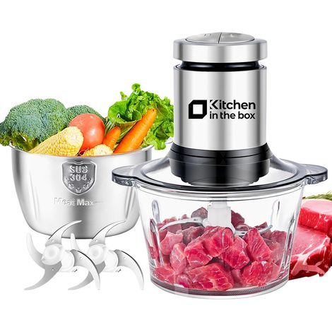 Electric Mincer 400 W, Meat Mincer with 2 Bowls (2L Glass + 2L Stainless Steel), 2 Bi-Level Blades, Chopper Blender, Vegetables, Onions, Fruits (1/5)