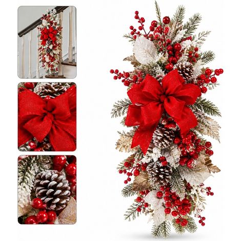 1 Pièce Décoration Rampe d'Escalier Noël en Plastique et Tissu, 45×25×8 cm, Noël Rouge (1/5)