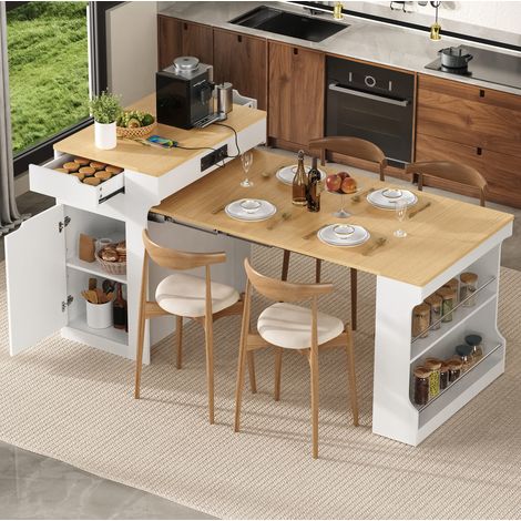 Tavolo da cucina estensibile su ruote, isola cucina con prese, 2 cassetti, bianco HAVRYA (1/5)