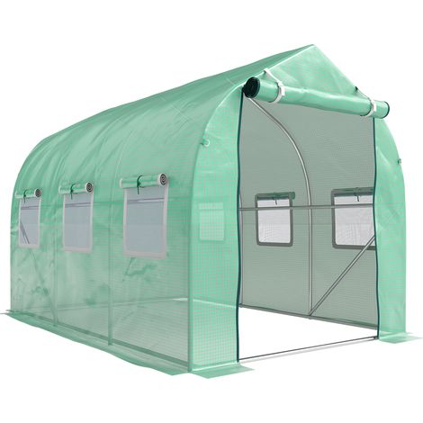 Serre tunnel de 6 m² avec 6 fenêtres, porte à fermeture éclair, bâche en PE, structure en fer galvanisé, verte (1/5)