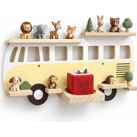 Relaxdays Étagère Toniebox magnétique, boîte à histoires et 25 Tonies, bus, 32 x 62 x 13 cm, jaune