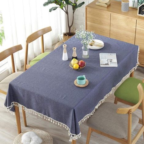Tischdecke Rechteckig mit Quasten aus Baumwolle Leinen für Küche & Esstisch, Marine, 100x140 cm