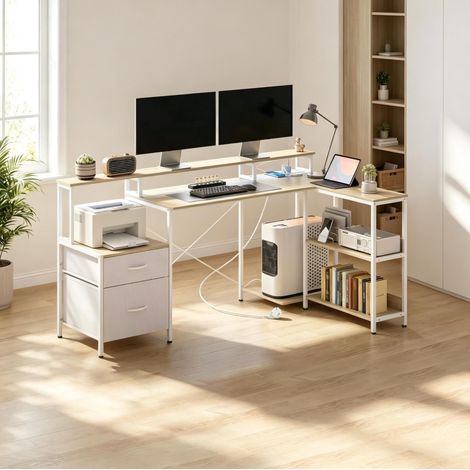 Bureau d’angle 172x100x89 cm en panneaux de bois blanc, avec rangement, pour bureau FloraGrace (1/5)