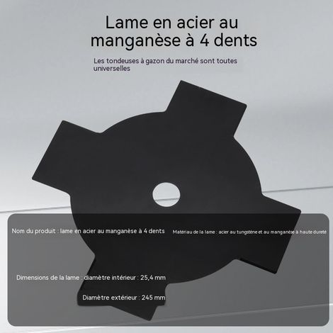 Lame de débroussailleuse à 4 dents en acier tungstène-manganèse, diamètre 245mm alésage 25.4mm, lame en croix à quatre bords, traitement noir, universelle