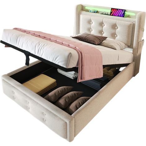 Stauraumbett Einzelbett mit LED, USB und Type-C, 90 x 200 cm, Matratze Inklusive, Beige (1/5)