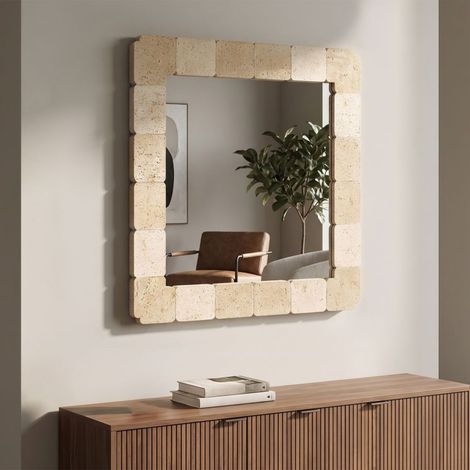 Miroir mural carré 90x90 cm effet travertin Kaël Beige (1/5)
