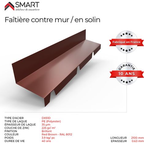 Bravo The Smart Solution – Faitière en solin TR45 – Bac acier 0.63mm – Longueur 2.10m – Coloris brun rouge terracotta RAL 8012 – Accessoire toiture (1/2)