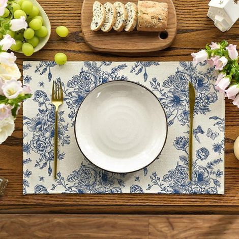 Set de 6 sets de table bleu marine à motifs floraux chinoiserie, 30 x 45 cm, sets de table saisonniers pour la décoration de la cuisine et des repas, bleu/beige, rectangulaires. (1/4)