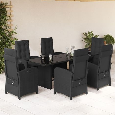 Ensemble de Jardin 7 Pièces Noir Résine Tressée Table en Verre Trempé 190cm avec 6 Chaises incl. Coussins Design Moderne et Confortable (1/5)