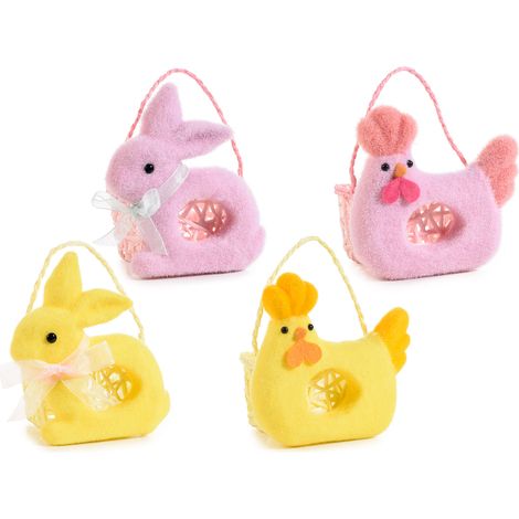 Cestini in carta di Pasqua con gallina e coniglio in floccato e manico, set da 4 pezzi, cm14,5x11x16H (con manico17)