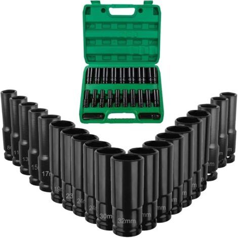 Kit de 20 douilles pour clé à choc 1/2 – Acier chrome vanadium – Tailles 8-32mm – Revêtement anti-corrosion – Pour outils d'impact