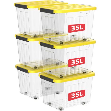 35L3 Boîtes de Rangement avec Couvercles, Boîte de Rangement en Plastique avec Clips et Roulettes, Empilables, Encastrables, pour Placard de Bureau à Domicile, Clair (1/5)