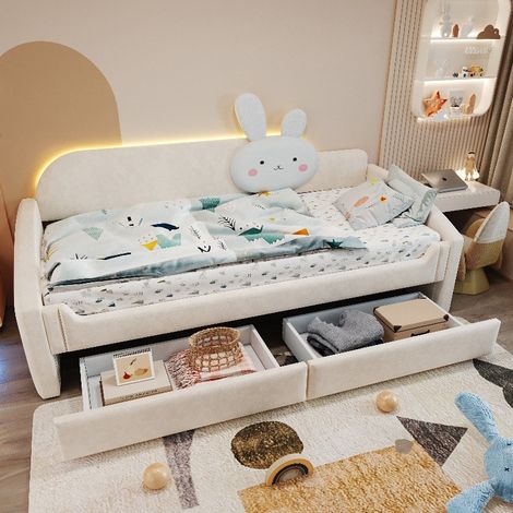 Polsterbett Kinderbett 90x200 cm mit Stauraum, Schubladen und LED-Beleuchtung, Kindersofa-Bett aus Samtstoff mit Hasenkissen, Beige (1/5)