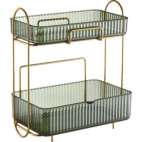 Organisateur de maquillage à 2 niveaux pour salle de bain, étagère de rangement pour cosmétiques, grande capacité, pour commode de chambre, vert (1/5)